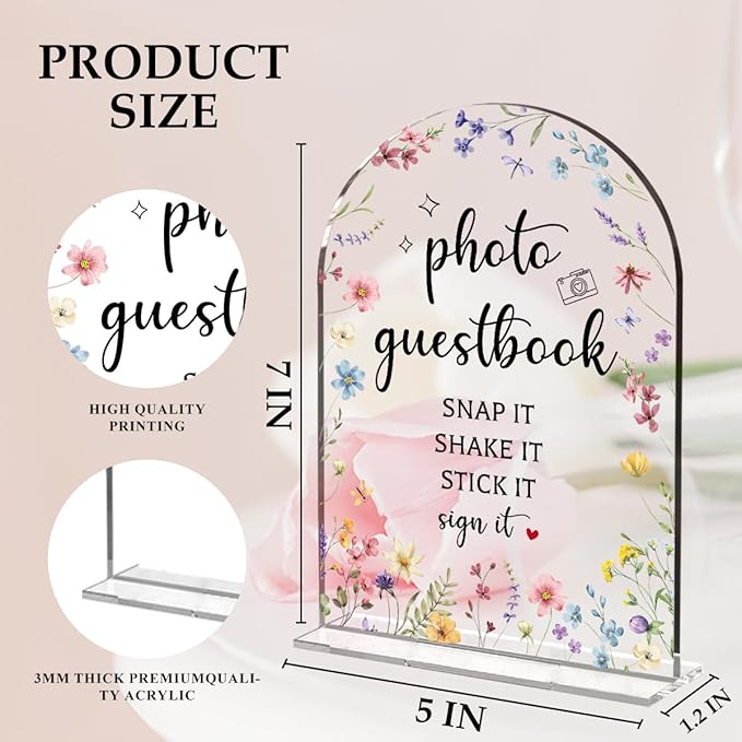 Wedding Sign Decor, Photo Guest Book Sign, 5x7 Inch Arch Acrylic, Wedding Sign for Reception & Event Party, Bridal Shower Decorations, Wedding Table Sign Accessories for Anniversary And Event(Flower)