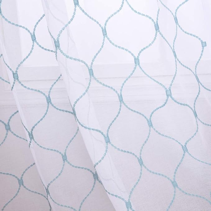 Embroidery Sheer Curtains Blue 63 Inches, Rod Pocket Voile Drapes for Living room, Bedroom, Window Treatments Wave Diamond Semi Crinkle Curtain Panels for Yard, Patio, Villa, Set of 2, 52"x 63".