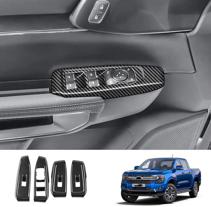 4pcs Carbon Fiber Style Front Rear Doors Window Glass Lift Switch Panel Cover Decorative Sticker Protection Car Interior Accessories for 2023 2024 2025 Ford Ranger KT14