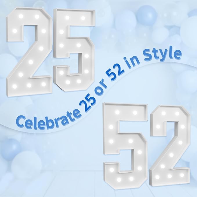 Marquee Numbers Large 52nd-Birthday Decorations: 4ft Light Up Number Party Decor 52 Year Old Women And Men 25th Birthday Decoration Backdrop Anniversary Cardboard Big Mosaic Balloon Frame Number 52
