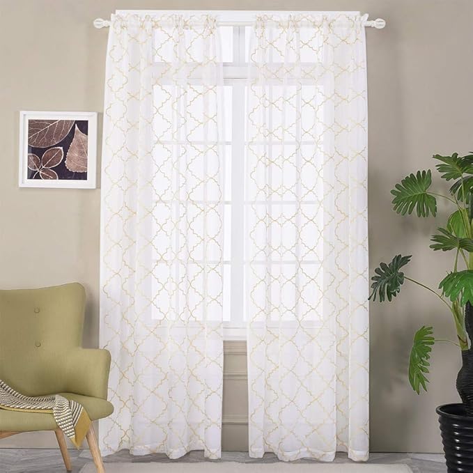 Embroidered Moroccan Tile Lattice Design Gold Sheer Curtains 84 Inch Long, Rod Pocket Sheer Drapes for Living room, Bedroom, 2 Panels, 52"x84", Semi Voile Window Treatments for Yard, Villa, Parlor.