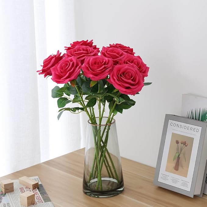 Artificial Rose 10pcs Open Flower Bouquet Faux Rose Stems for Wedding Arrangement, Bridal Bouquet, Centerpiece, Fake Faux Silk Flowers (Hot Pink)