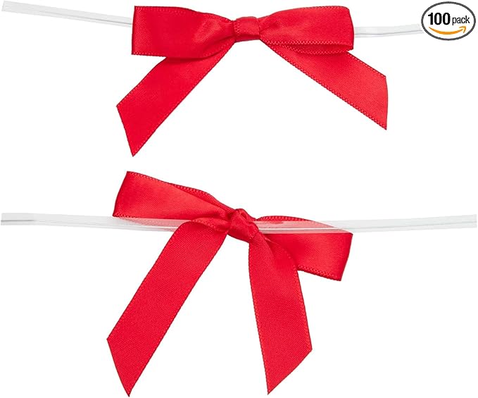 Juvale Twist Tie Gift Bows - 100 Pack, 2.5 x 3 in, Red - Pre-Tied Satin Ribbon - Mini Bows for Crafts, Gift Wrapping & Cake Decoration