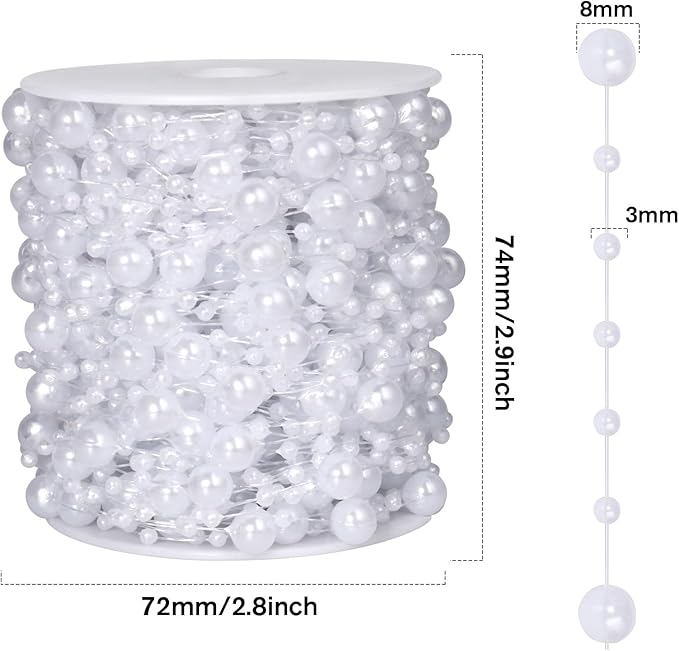 98FT Pearl Beads String Garland, 8mm 3mm White Faux Pearl Beads Roll Strand Bulk for Wedding Party Flower Christmas Decoration DIY Craft