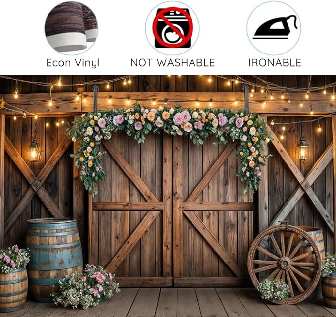 5x3ft Country Wedding Photography Backdrop Rustic Barn Door Photography Backdrop Farmhouse Pink Flower Cabin Wooden Birthday Baby Shower Wedding Bridal Party Banner Photo Booth Props Background