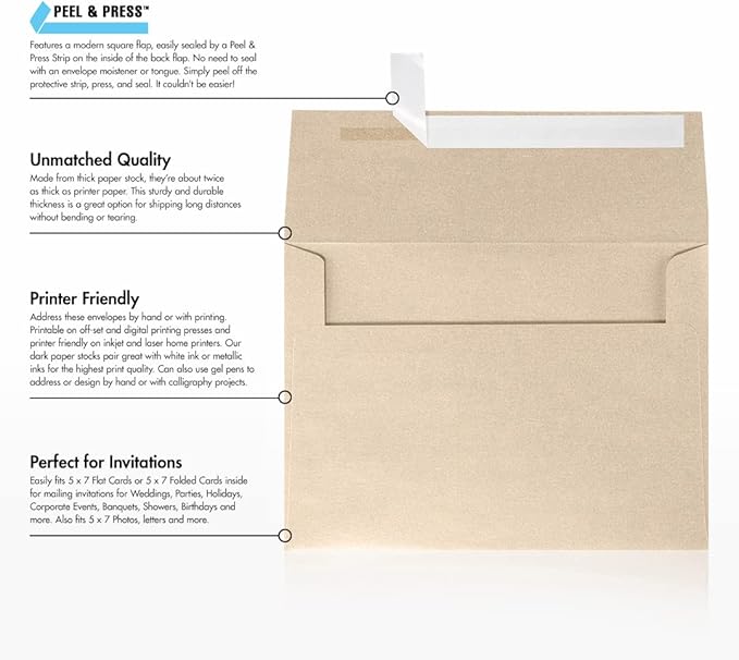LUXPaper A7 Invitation Envelopes | Peel & Press | 5 1/4" x 7 1/4" | Taupe Metallic | 80lb. Text | 1,000 Qty