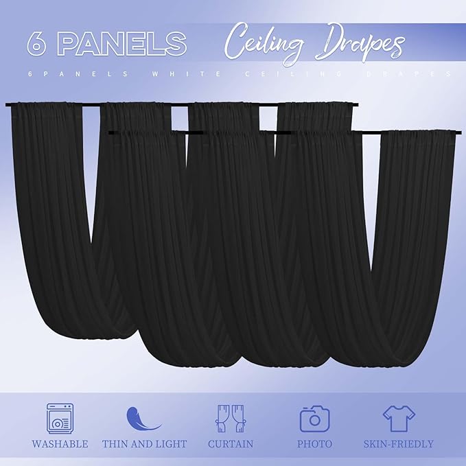6 Panels Black Ceiling Drapes for Wedding 5ftx10ft Ceiling Drapes Wedding Arch Draping Fabric Cheesecloth Sheer Curtain Romantic Ceiling Decorations for Weddings Party Banquet Ceremony Stage