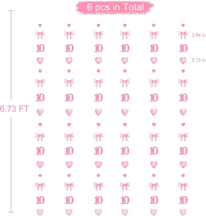 40Ft Pink 10th Bow Birthday Decorations Hot Pink Conquette Bow Heart Garland Streamer Banner for Girls Happy 10th Birthday Double Digits I'm 10 Cheers to 10 Years Old Anniversary Party Supplies