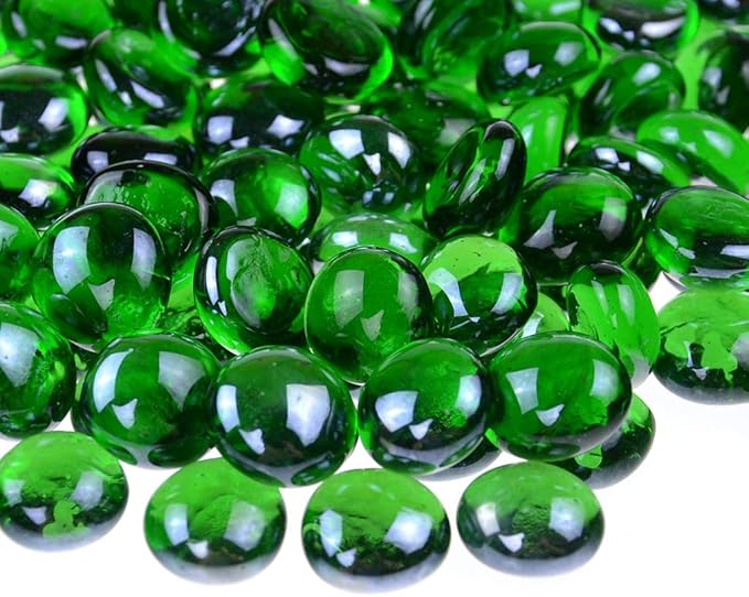 KINGOU Flat Glass Gems/Marbles/Stones/Beads for Vase Filler, Table Scatter, Games - 1 Lbs (17-19mm, Approx. 3/4")-Green