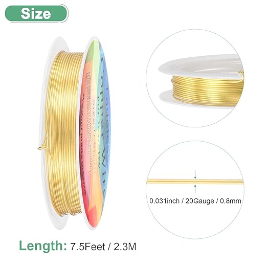 0.8 mm/20 Gauge Copper Wire for Jewelry Making, 7.5FT Copper Beading Craft Wire for Jewelry/Weaving/DIY Crafting/Planting, Color-Retaining [2.3 M, KC-Gold]