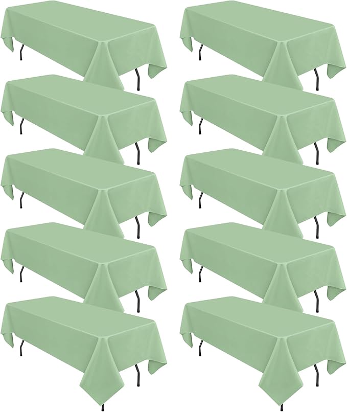 10 Pack Sage Green Rectangular Tablecloths, 60 x 126 Inch, Polyester, Wrinkle & Stain Resistant, Perfect for 8ft Tables, Wedding, Party, Banquet