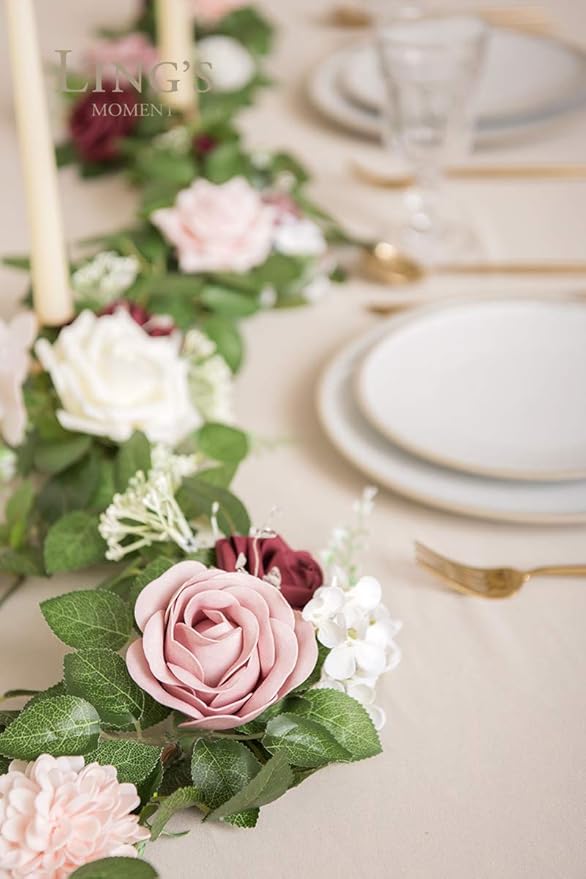 Ling's moment 5FT Dusty Rose Artificial Flower Garland Blush Rose Leaves Floral Garland Arch Flowers Vine for Wedding Party Backdrop Decor Mantel Home Table Centerpieces Wall Decorations Cream