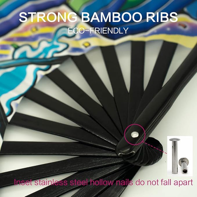 13" Large Rave Fan Bamboo, Folding Clack Hand Fans Foldable for Men Women, Boots on the Ground Poping Fan for EDM Festival Line Dance Decoration, (Rainbow, Large 13")