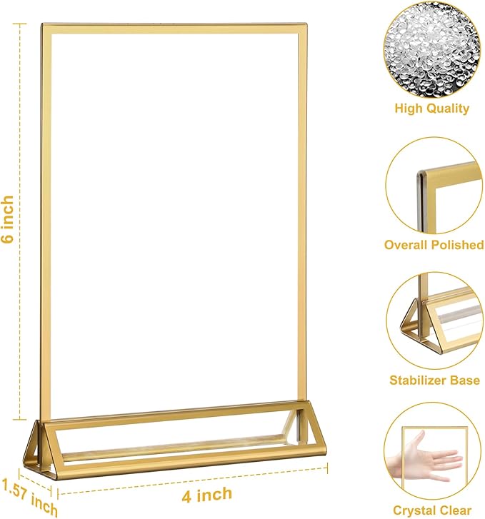 EHWINE 24 Pack Acrylic Sign Holder 4 x 6, Double Sided Gold Picture Frame Stand up Table Top Sign Holders, Clear Display Stand Menu Flyer Holder for Wedding Party