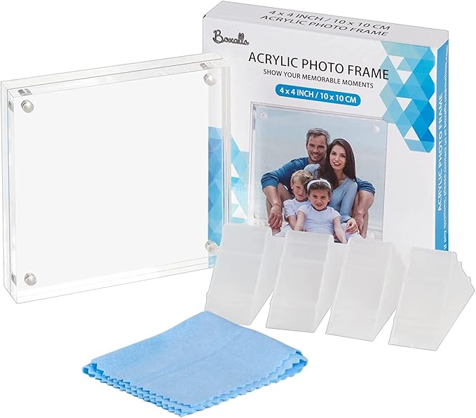 Boxalls 4x4 Inches Acrylic Picture Frames - 5 Pack, Clear Frameless 4x4 Photo Frames with Magnetic, Double Sided Transparent Desktop Frame (5 Pack)