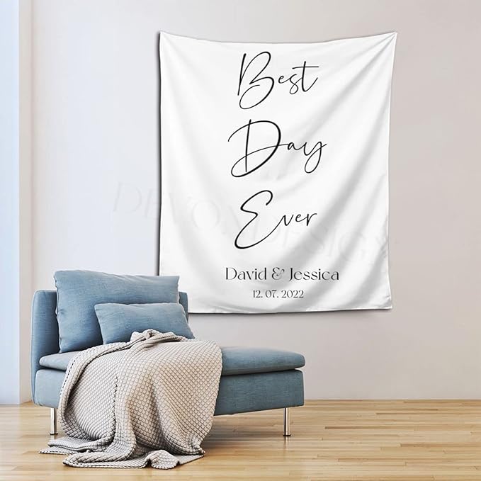 Best Day Ever Backdrop - Custom Tapestry with Names & Date, Personalized Calligraphy Banner for Ceremony & Reception, Rustic Wedding Sign
