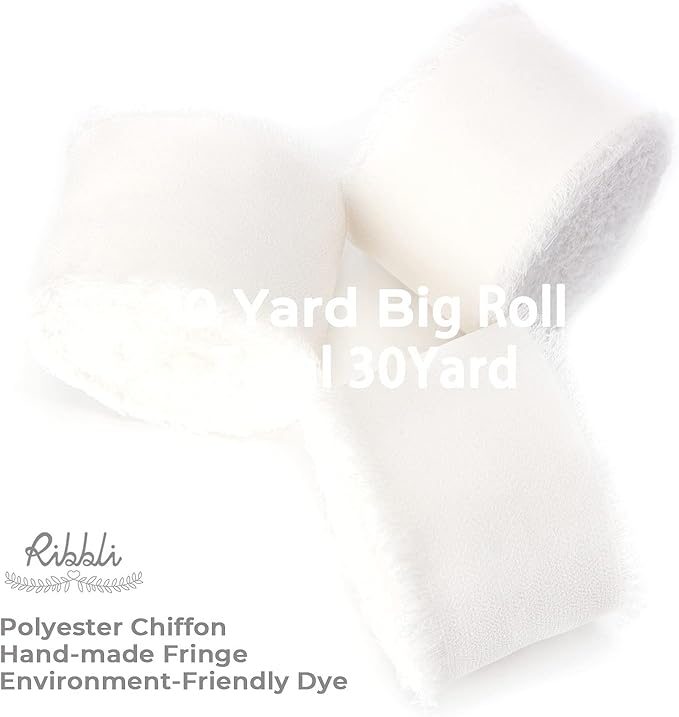 Ribbli White Chiffon Ribbon - 1.5 inch x 30 Yard Handmade Silk, Fringe Chiffon for Wedding Invitations, Gift Wrapping, Bridal Bouquets, Flower Arrangement
