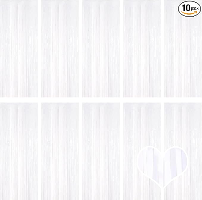 10 Pack White Backdrop Curtain 3.2ft x 8.2ft Metallic Tinsel Foil Fringe Curtains Photo Booth Background for Birthday Party Decoration Baby Shower Engagement Wedding Christmas Decoration (White)