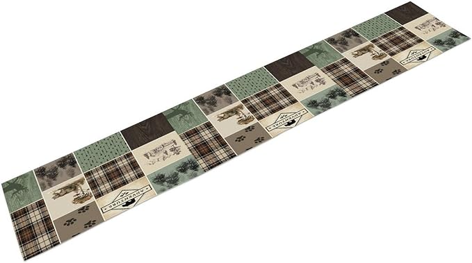 Bear Deer Table Runner,Rustic Lodge Retro Country Farmhouse Buffalo Plaid Print Tablecloth Burlap for Hotel Indoors Outdoor Dining Room Kitchen Home Decor,W13X L108 in