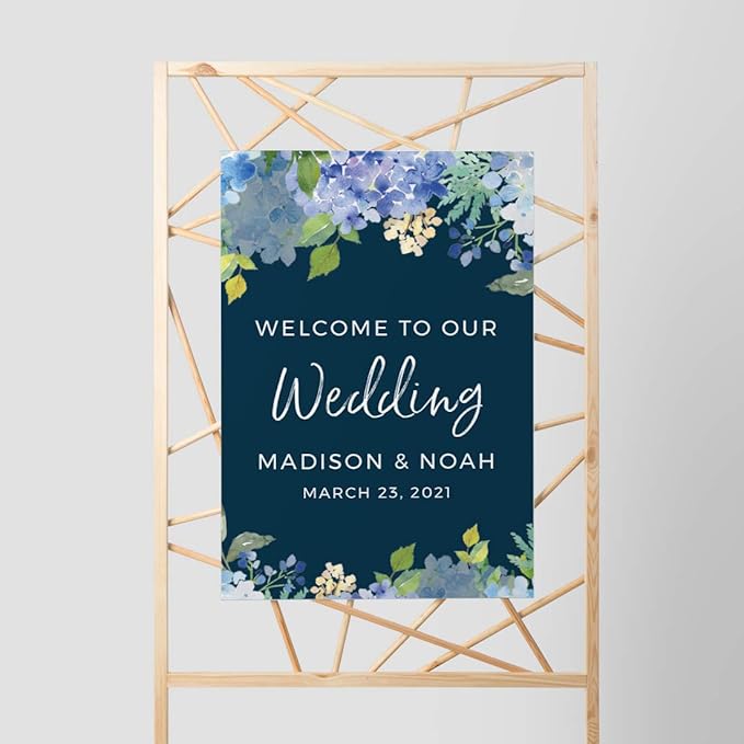 Andaz Press Personalized Extra Large Wedding Easel Board Party Sign, 12x18-inch, Baby Blue Hydrangea Floral Flowers on Navy Blue, Welcome to Our Wedding Bride Groom Name Date, 1-Pack, Custom