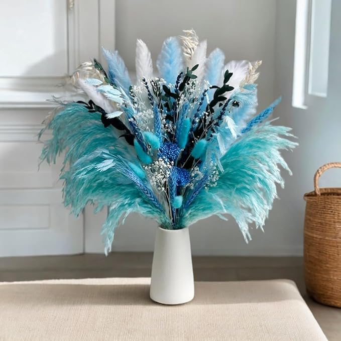 Blue Dried Flowers Bouquet with Pampas Grass - Boho Home Decor and DIY Floral Arrangements for Bedroom, Office, and Wedding Centerpieces