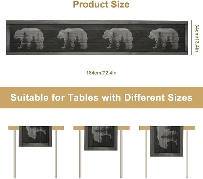 Rustic Country Bear Table Runner, Black Wood Wooden Cabin Wild Animals Hunting Table Cloth for Home Kitchen Dining Table Runner 13x90 Inch