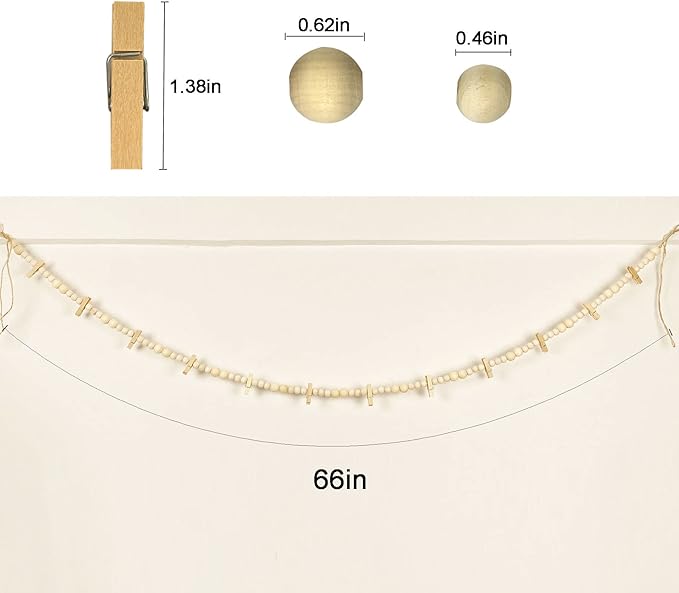 Hanging Photo Display With 12 Clips, Wooden Bead Garland 2PCS, Boho Style Collage Photo Frame Decoration for Dorms, Classrooms, Bedrooms