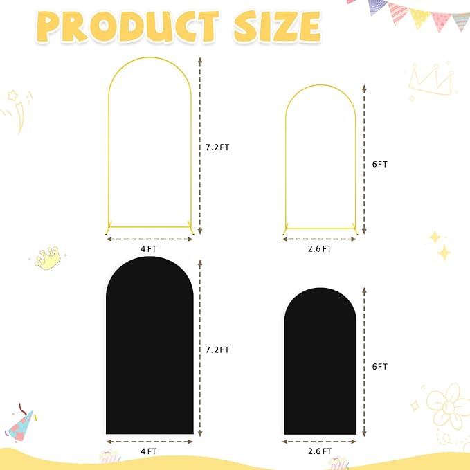 Wedding Arch Backdrop Stand and Cover Set of 2 6FT 7.2FT Black Spandex Fitted Stretchy Arch Stand Covers for Gold Metal Stand Round Top Chiara Backdrop Cover for Birthday Party Decorations