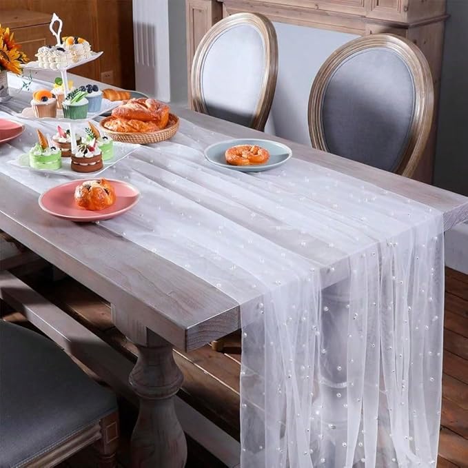EHLDekol Pearl Table Cloth Elegant Polyester Table Runner with Artificial Pearl Accents Extra Long 10 ft 60 x 120 Inches Pearl Tulle Table Runner for Wedding (60inch Width, White, 1 Piece)