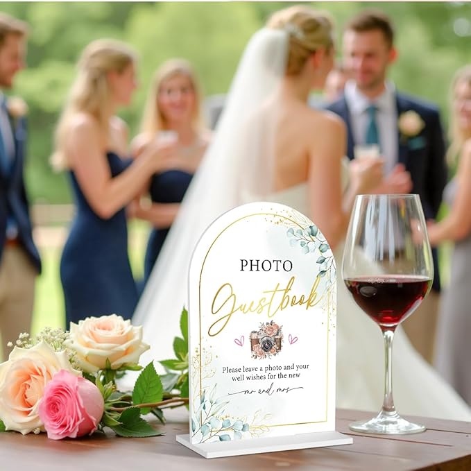 Acrylic Wedding Sign for Ceremony & Reception - 5x7 Inch White Guest Book, Photo Guest Book, Cards & Gifts - Wedding Decor Bundle