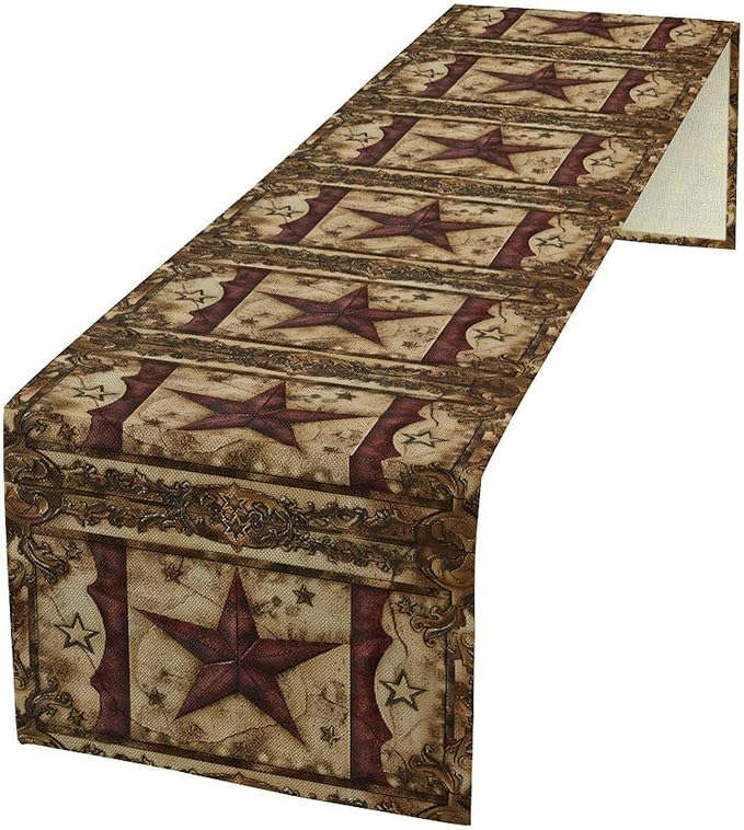 Wild West Table Runner, Rustic Farmhouse Texas Star Vintage Rodeo Cowboy Old Sign Wild West Print Pattern for Home Kitchen Table Decor Dining Coffee Room Garden Party Decor 13x90in