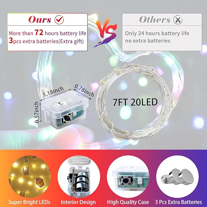 50 Pack Fairy Lights 7Ft 20 LED Twinkle String Lights 3 Modes Battery Operated Waterproof Firefly Starry for Mason Jar Party Wedding Christmas Valentines Day Table Centerpieces,Rainbow