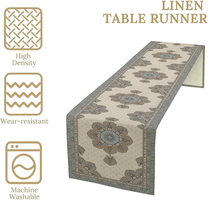 Boho Bohemia Style Table Runner, Vintage Teal Brown Retro Flower Rustic Country Style Floral Print Pattern for Home Kitchen Table Decor Dining Coffee Room Garden Party Decor 13x60in