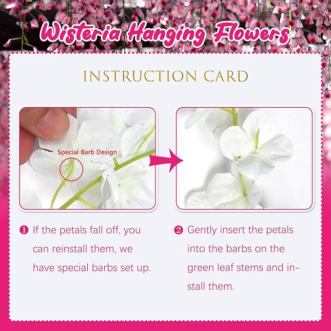 24 Pack Fuchsia Wisteria Hanging Flowers, 3.4 Ft Fake Hanging Flowers, Artificial Wisteria Garland Vines for Wedding Room Backdrop Outdoor Patio Garden Decoration