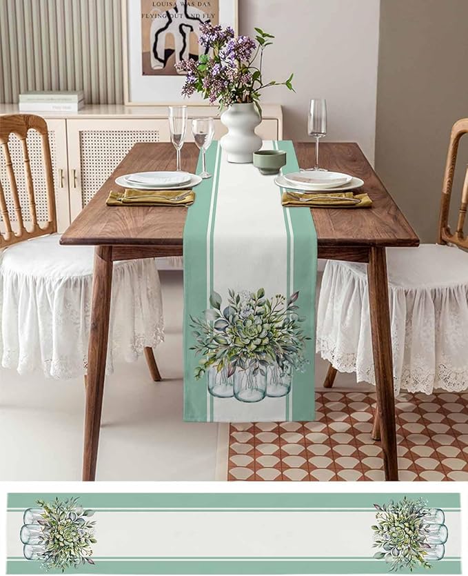 Eucalyptus Cotton Linen Table Runner for Dining Kitchen, Wedding Outdoor Party Tablerunners Decoration, Green Leaves Botanical Plants Watercolor Dresser Scarf Coffee Tablecloth Runners 13x90 Inches