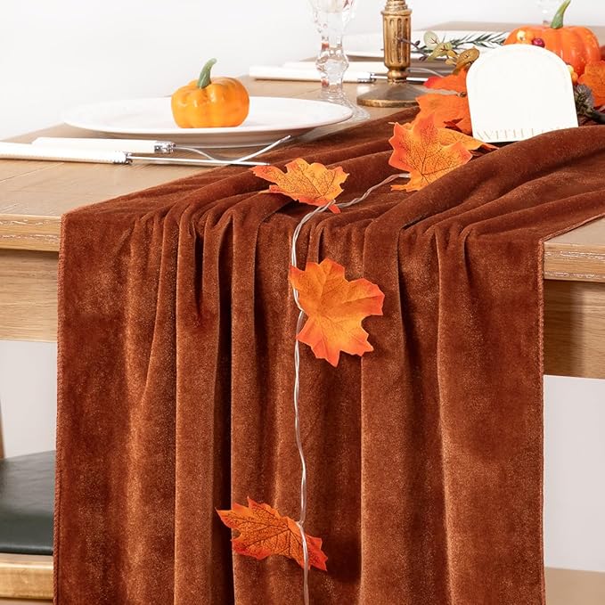 MLMC Terracotta Fall Thanksgiving Table Runner 10ft Luxury Rust Burnt Orange Velvet Table Runner Elegant Home Decor 20x120 Inches for Wedding Bridal Shower Birthday Party Home Decor