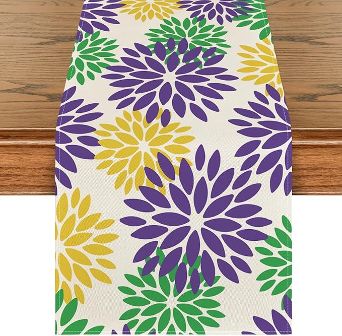 Artoid Mode Purple Dahlia Floral Pinnata Mardi Gras Table Runner, Carnival Seasonal Kitchen Dining Table Decoration for Home Party Decor 13x72 Inch