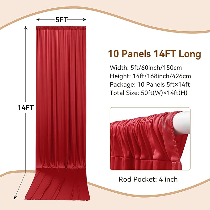50×14ft Wrinkle Free Red Backdrop Curtain for Wedding Parties,10 Panels 5×14ft Height Soft Silky Polyester Backdrop Drapes Photo Back Ddrop Curtains for Events Photography Christmas Background Cloth
