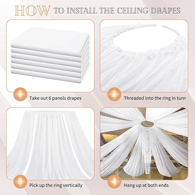 6 Panels White Ceiling Drapes for Wedding 5ftx40ft Sheer Drapery Chiffon Fabric Arch Draping Curtains for Party Ceremony Birthday Baby Shower Reception Stage Ceiling Decorations