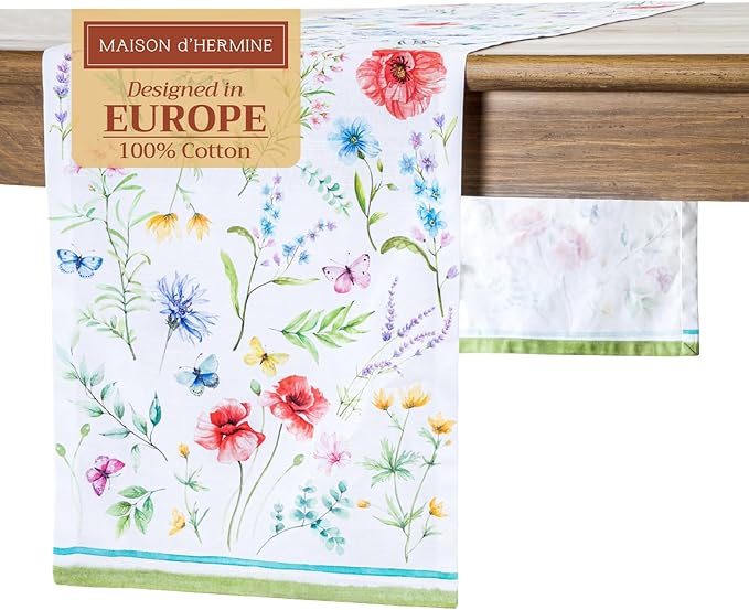 Maison d' Hermine Table Runner 100% Cotton Single Layer Table Runners 108 inches Long Decorative for Home Kitchen Dining Party Wedding Bridal Shower Spring Summer (Just Floral, 14.50" x 108")