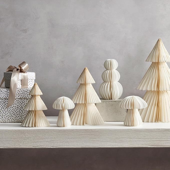 LampLust White Honeycomb Paper Trees, 2 Pack, 6 & 8 Inch, Winter Ornaments, Winter Decorations for Home and Mantel Decor, Winter Wonderland Decorations