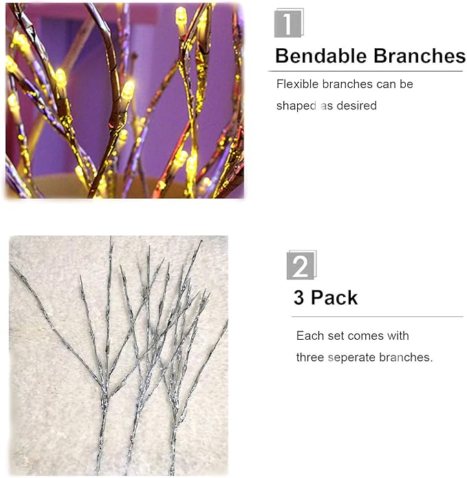 Autohigh 3-PK Lighted Branches 60 LEDs Warm White Lighting Artificial Willow,Battery Operated,Silver Decoration for Living Room Bedroom Livingroom,Home