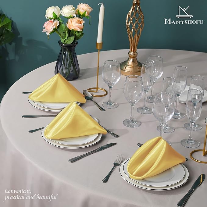 Manyshofu 50 Pieces Yellow Gold Satin Napkins - 12x12 Inches Cloth Napkins, Square Satin Fabric Napkin Set - Soft & Smooth Table Napkins for Wedding Dinner Party Lunch Banquet Restaurant Decoration