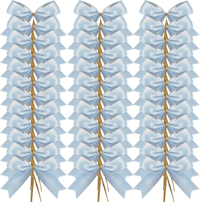 50pcs 3.5" Light Blue Satin Ribbon Bows Twist Ties Bows Wine Bows Tie with Fish Tail Cutting (Lt.Blue)