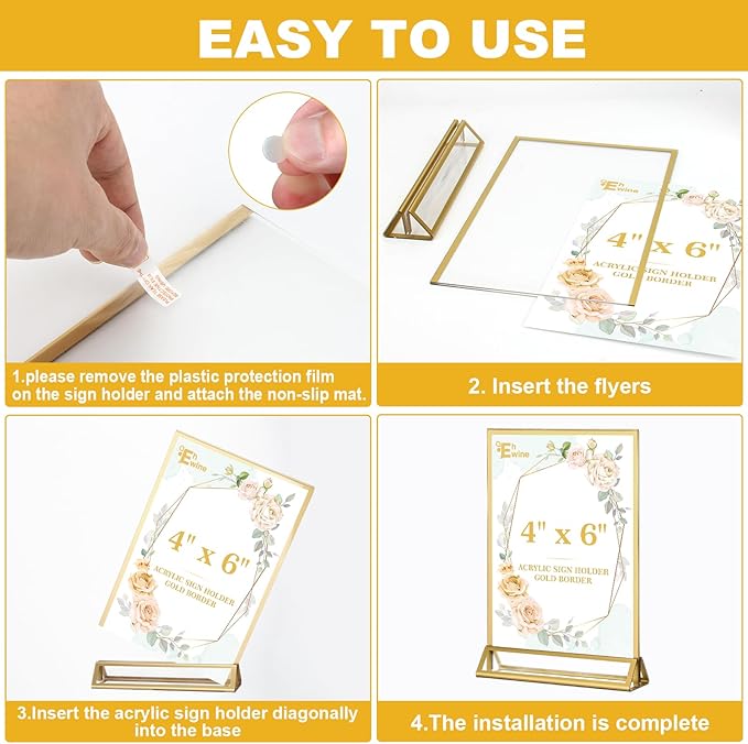 EHWINE 2 Pack Acrylic Sign Holder 4 x 6, Double Sided Gold Picture Frame Stand up Table Top Sign Holders, Clear Display Stand Menu Flyer Holder for Wedding Party
