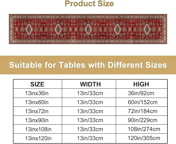 Boho Floral Vintage Table Runner, Retro Red Brown Flower Rustic Country Farmhouse Abstract Pattern for Home Kitchen Table Decor Dining Coffee Room Party Decor 13x90in