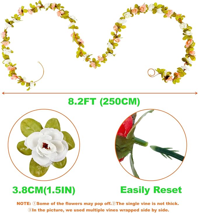 8 Pcs x 8.2 ft Flower Garland Artificial Rose Vine Flowers with Green Leaves Hanging Fake Roses Vine for Room Party Home Wedding Birthday Christmas Wall Arch Decor, Spring Yellow Flower