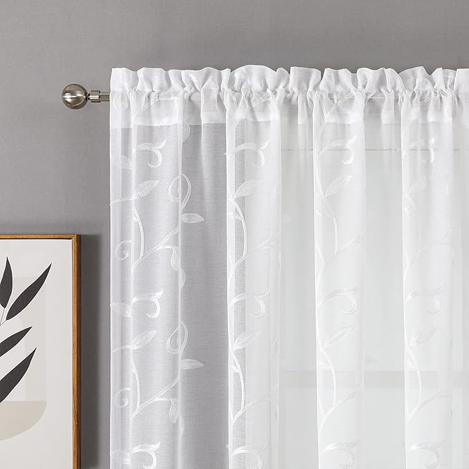 VISIONTEX White Sheer Voile Curtains, Decorative White Embroidery Faux Linen Rod Pocket Window Drapes for Home Kitchen, Living Room and Bedroom 54 x 108 Inch, Set of 2 Curtain Panels