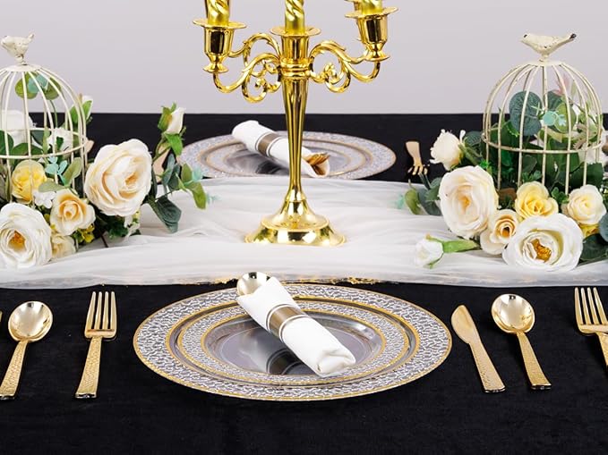 50Guests Pre Rolled Gold Plastic Silverware Sets - Heavy Duty Hammered Gold Cutlery Include 50 Pack Wrapped Disposable Utensils with Napkins for Parties, Dinners & Weddings