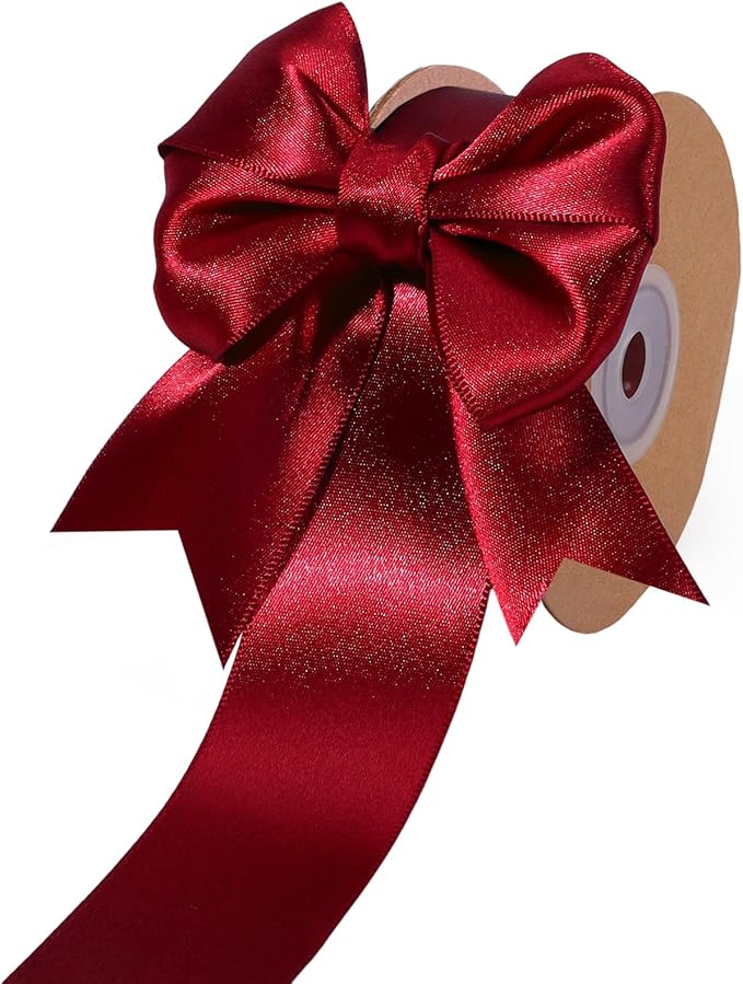 LaRibbons Burgundy Satin Ribbon 1 1/2 Inch 25 Yards Luxury Double Faced Dark Red Silk Ribbon for Flower Bouquet Crafts Gift Wrapping Wedding Party Christmas Decoration